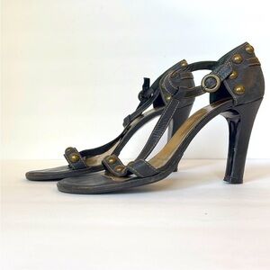 Women's Black Leather T-Strap High Heel Sandals